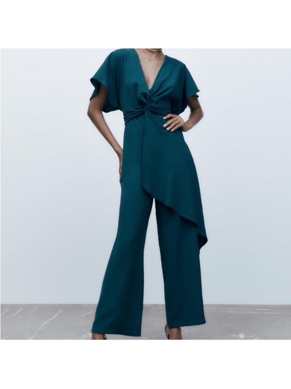 Zara Teal Twist-Front Wide-Leg Jumpsuit